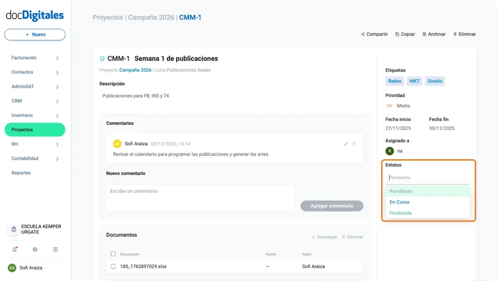 Editar una tarea de un proyecto desde el listado de tareas en un crm