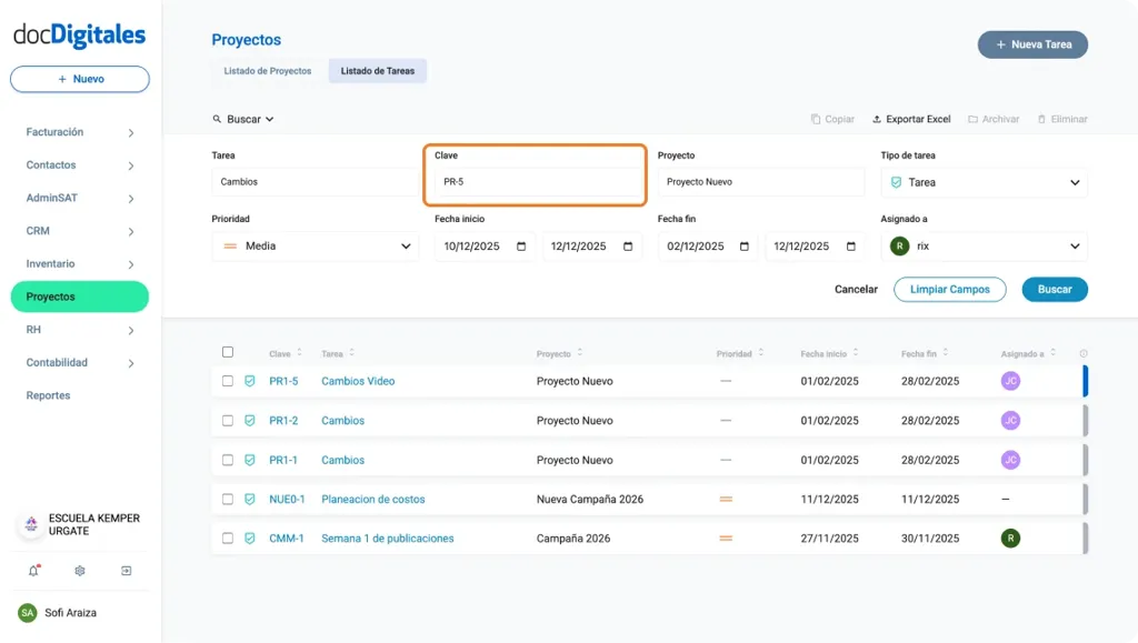 Busca tareas en el listado de tareas dentro de un crm