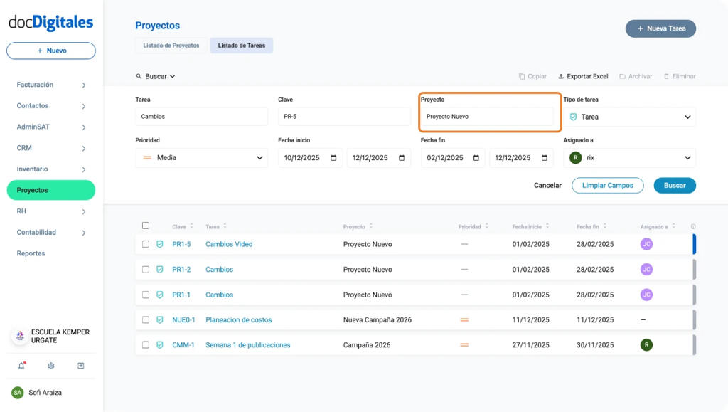 Busca tareas en el listado de tareas dentro de un crm