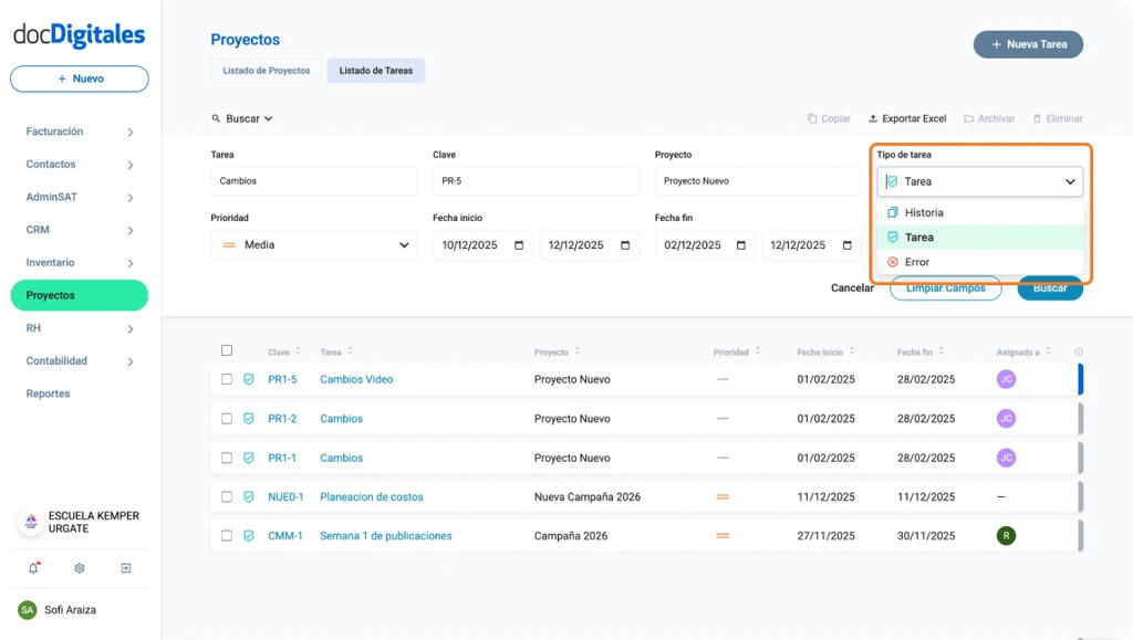 Busca tareas en el listado de tareas dentro de un crm