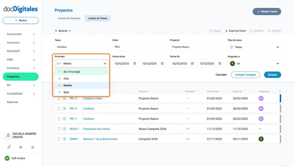 Busca tareas en el listado de tareas dentro de un crm