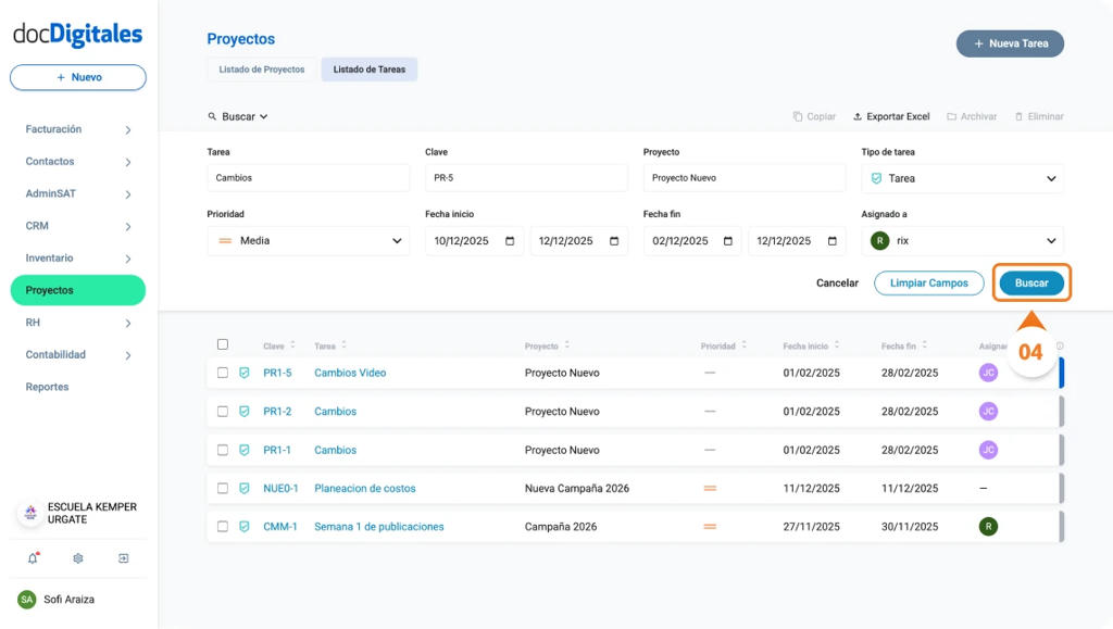 Busca tareas en el listado de tareas dentro de un crm