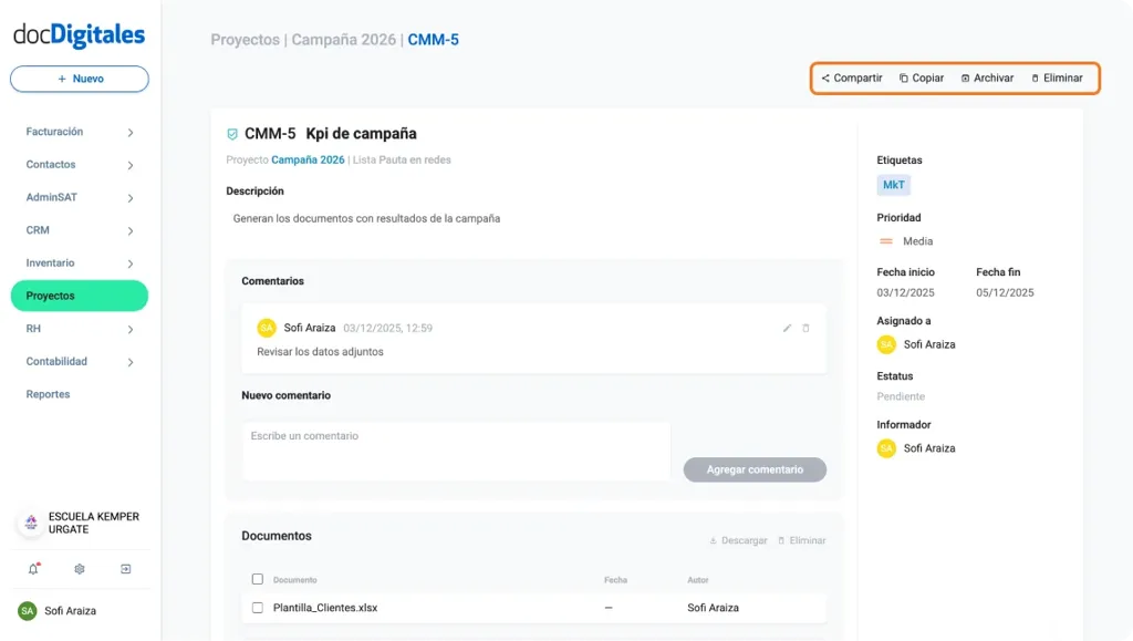 Funciones principales para una tarea dentro de un crm, comparte la tarea, archivala o eliminala