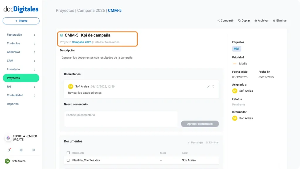 Información clave del detalle de una tarea para un proyecto dentro de un crm