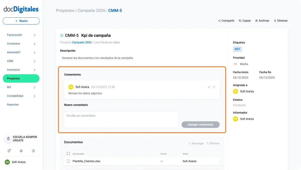 Agrega comentarios para el seguimiento de las tareas de un proyecto dentro de un crm para pymes