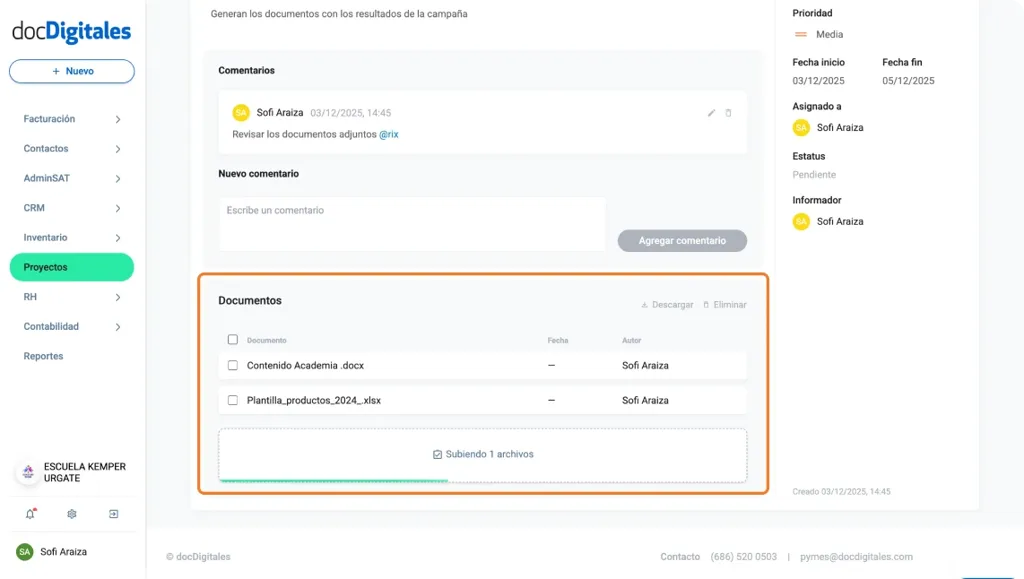 Adjunta documentos de apoyo para la gestión de tareas para un proyecto dentro de un crm 