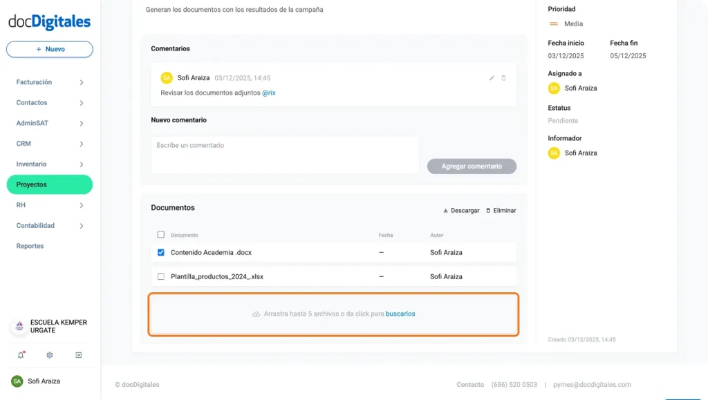 Adjunta documentos de apoyo para la gestión de tareas para un proyecto dentro de un crm 
