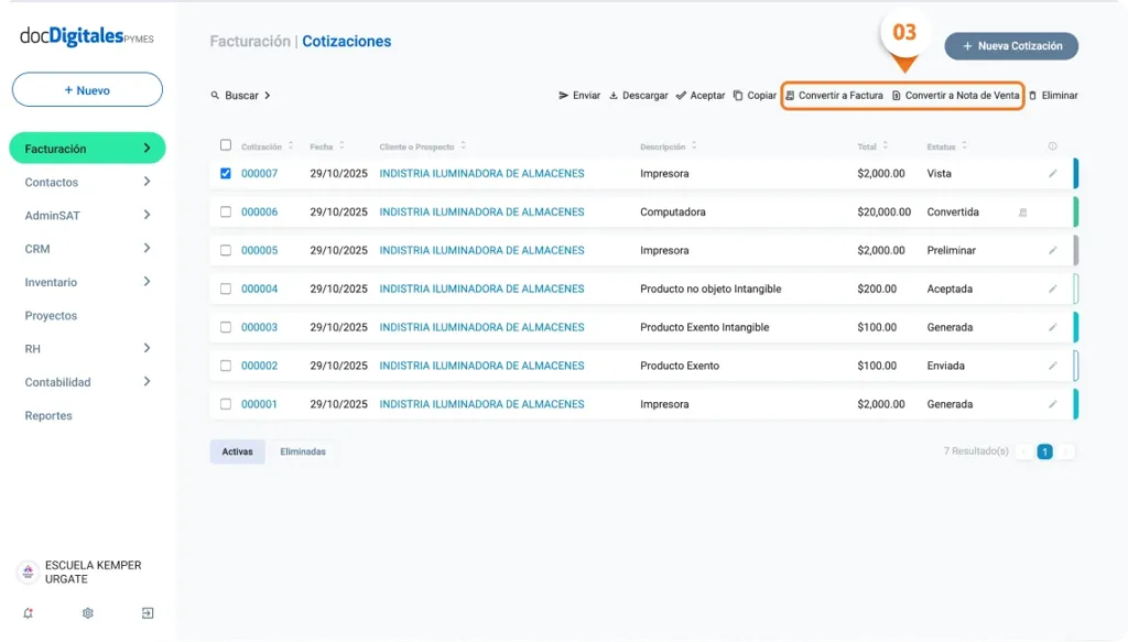 Cotización a factura o nota de venta