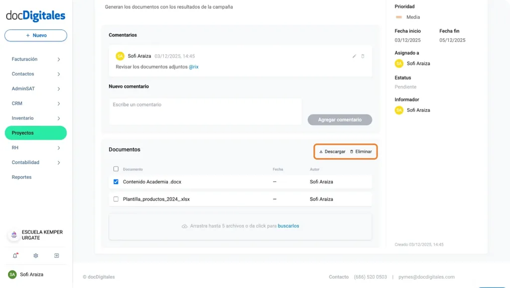 Descarga los archivos adjuntos del detalle de una tarea de un proyecto dentro de un CRM