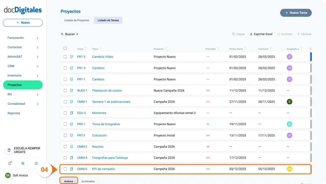Desarchiva o encuentra una tarea de un proyecto dentro de un CRM