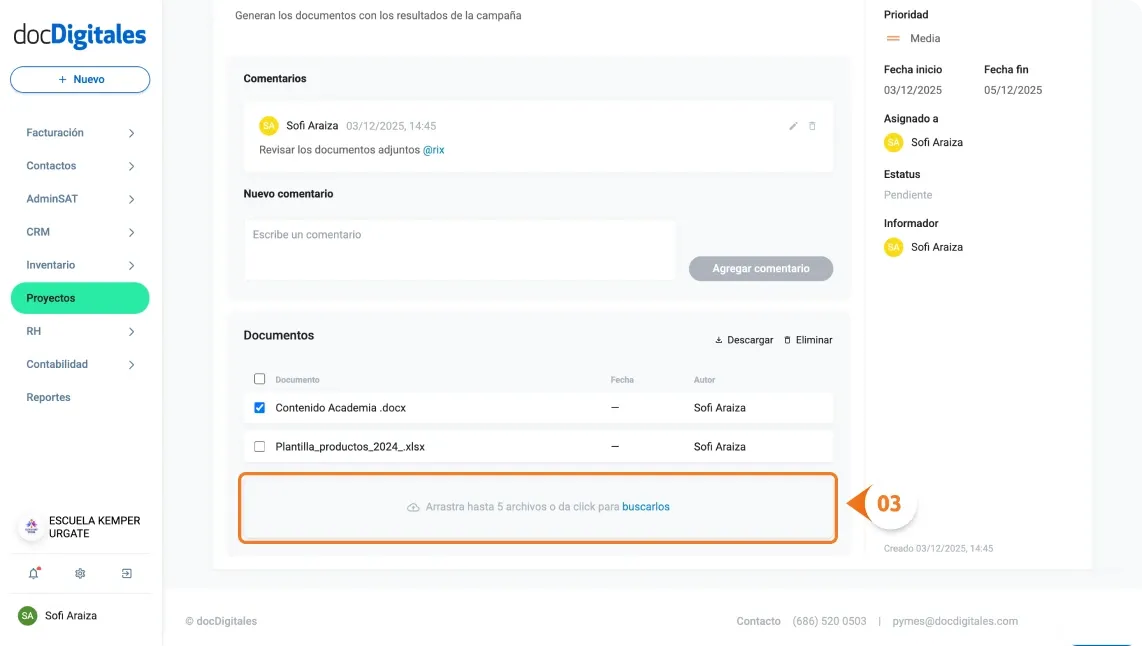 Adjuntar archivos y documentos a una tarea de un proyecto en un CRM 