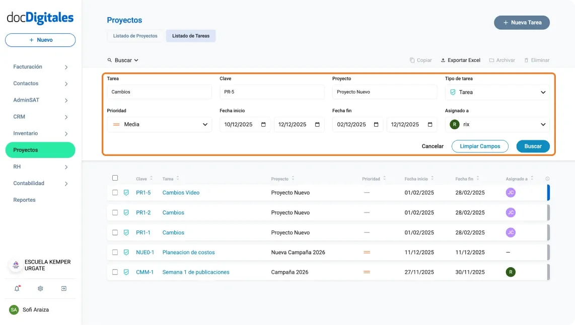Buscar o filtrar en el listado de tareas de un crm