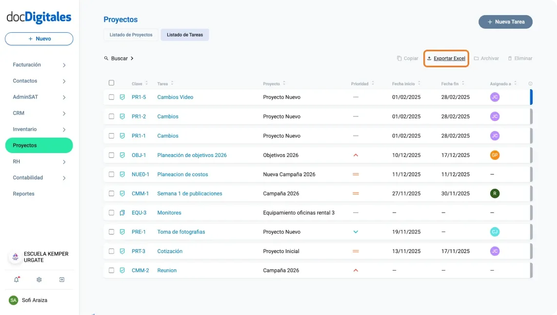 Exporta el listado de tus tareas de un CRM  aun archivo .xsls