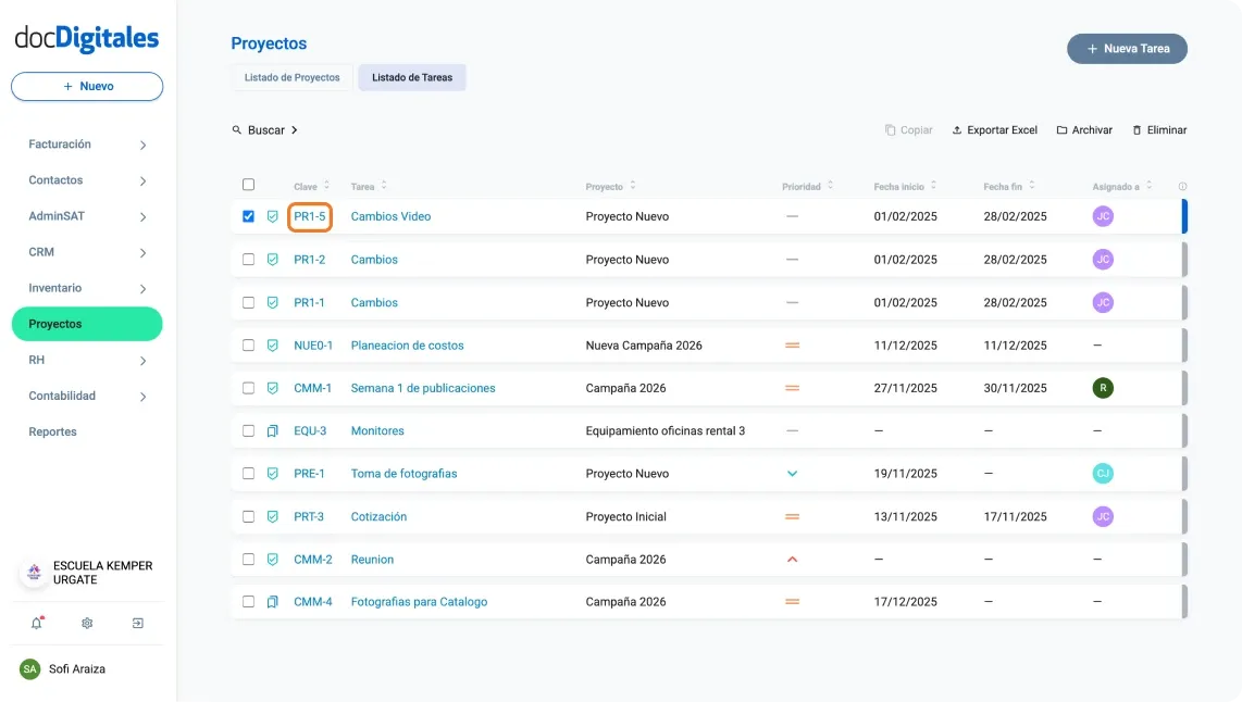 Indicador de clave de tarea asignada para un proyecto en un CRM