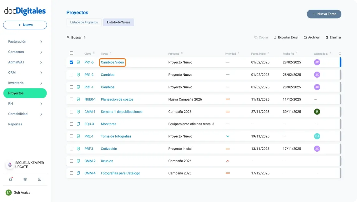Indicador de nombre de tarea asignada para un proyecto en un CRM