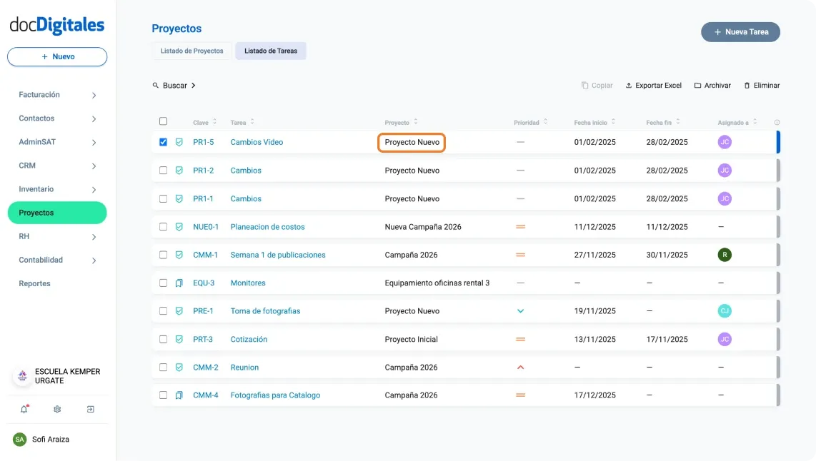 Indicador del proyecto relacionado con la tarea asignada para un proyecto en un CRM