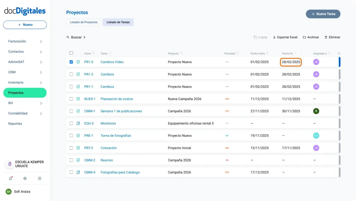 Indicador de fecha de finalización de una  tarea asignada para un proyecto en un CRM
