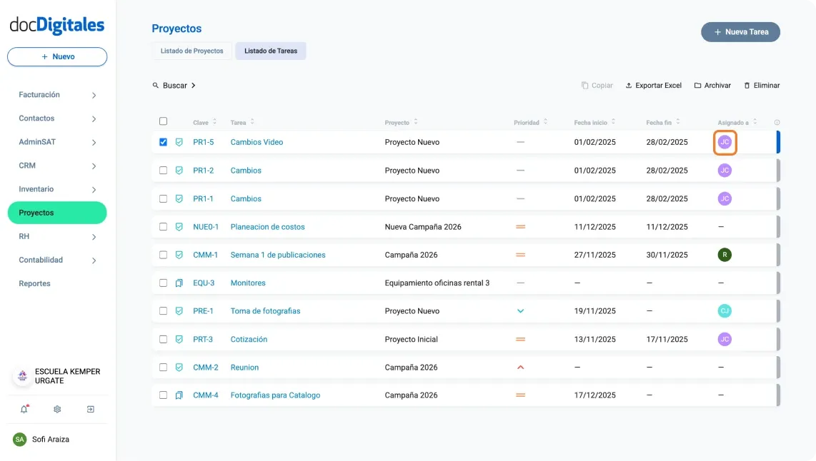 Indicador de usuario asignado de una  tarea asignada para un proyecto en un CRM