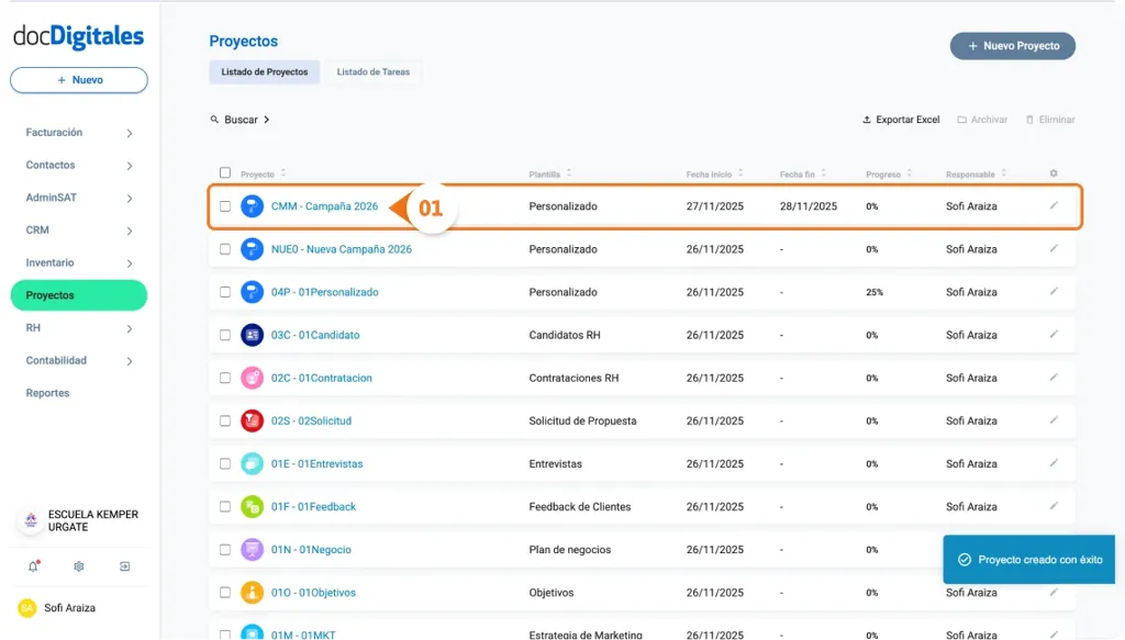 Visualiza el listado de tareas de un proyecto en un CRM empresarial