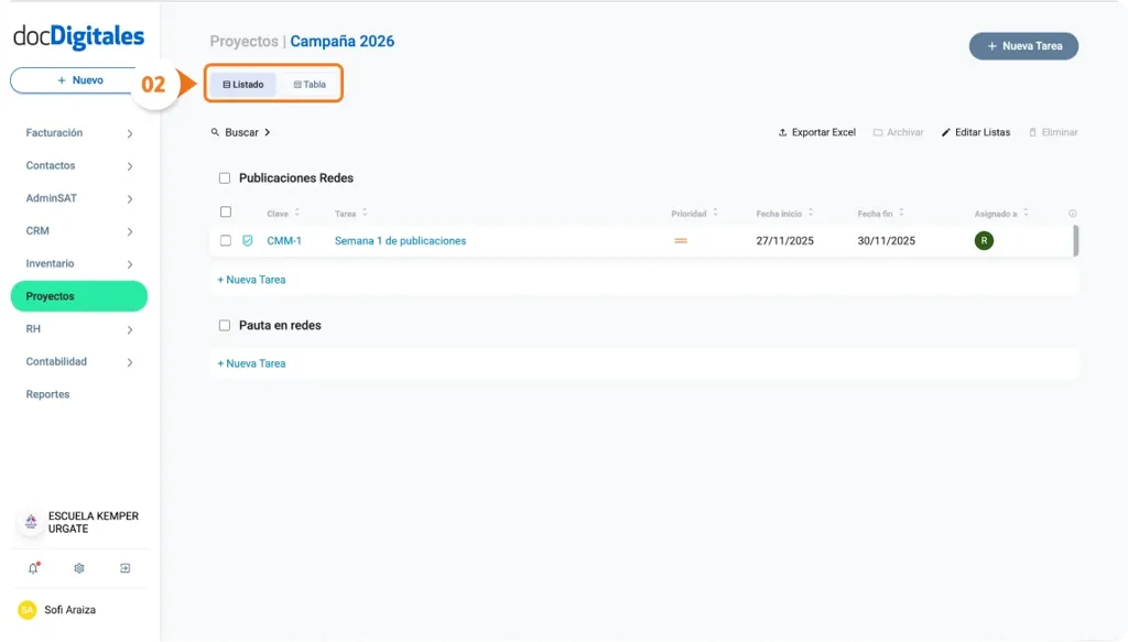 Visualiza el listado de tareas de un proyecto en un CRM empresarial