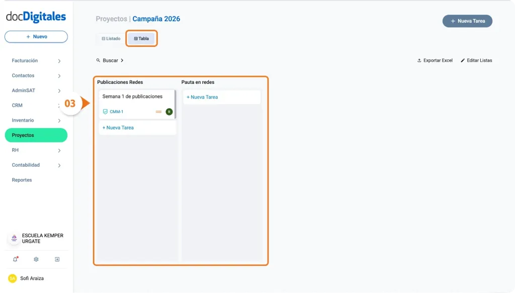 Visualiza el listado de tareas de un proyecto en un CRM empresarial