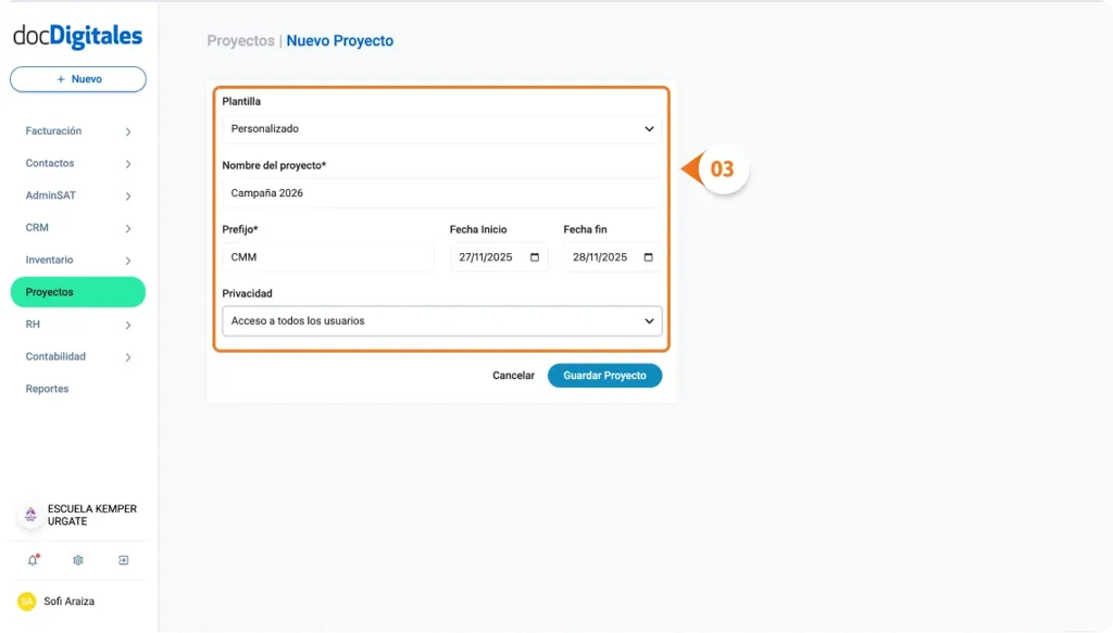 Crear un nuevo proyecto dentro de un CRM empresarial con múltiples plantillas