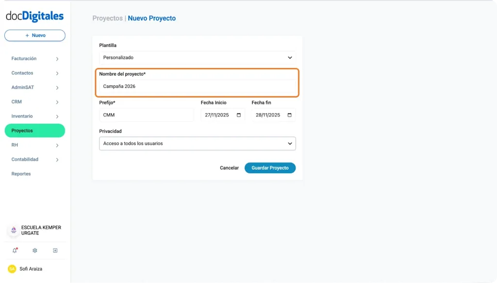 Crear un nuevo proyecto dentro de un CRM empresarial con múltiples plantillas
