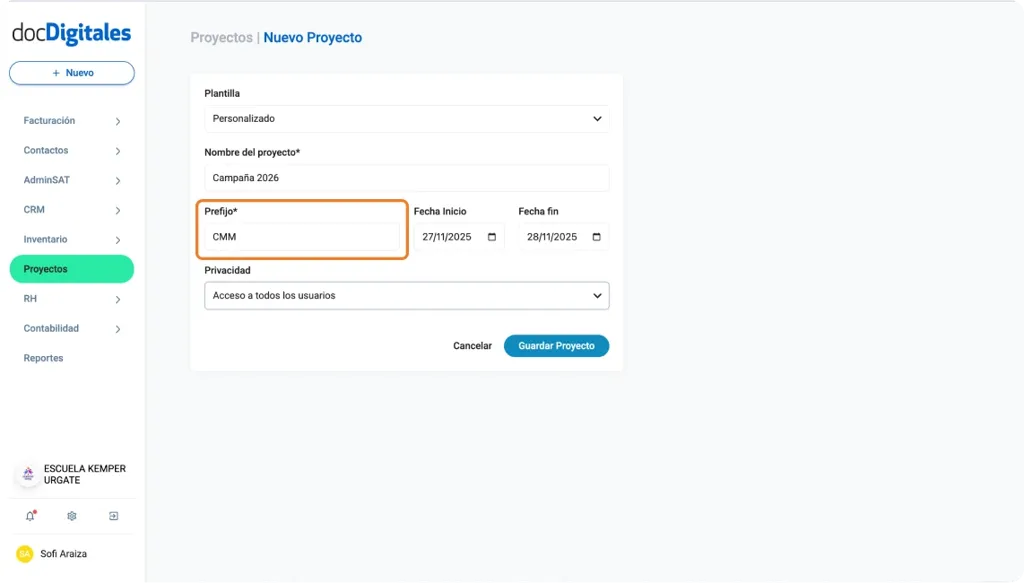Crear un nuevo proyecto dentro de un CRM empresarial con múltiples plantillas