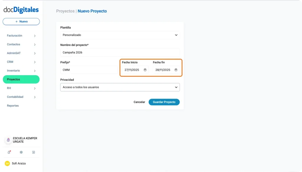 Crear un nuevo proyecto dentro de un CRM empresarial con múltiples plantillas
