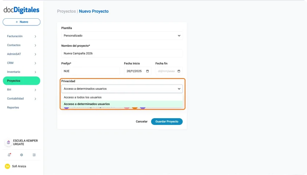 Crear un nuevo proyecto dentro de un CRM empresarial con múltiples plantillas