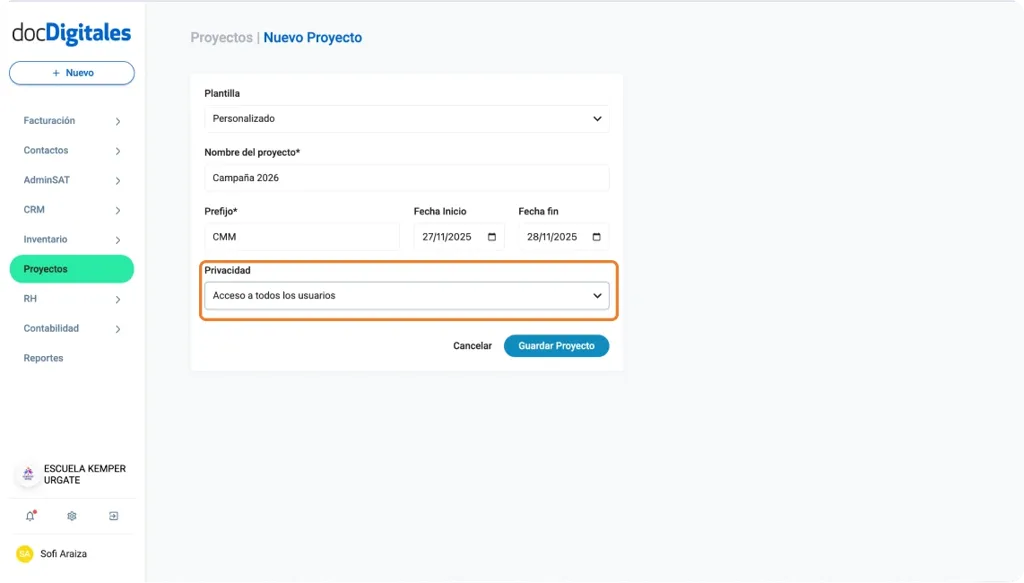 Configurar accesos para los proyectos creados en un CRM