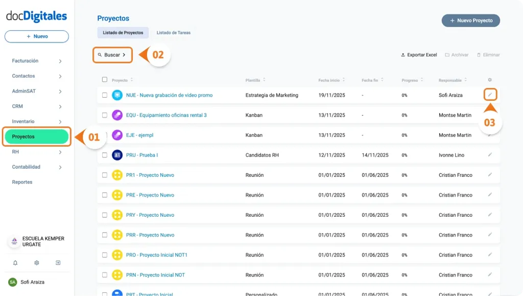 Editar información de un proyecto en un CRM 