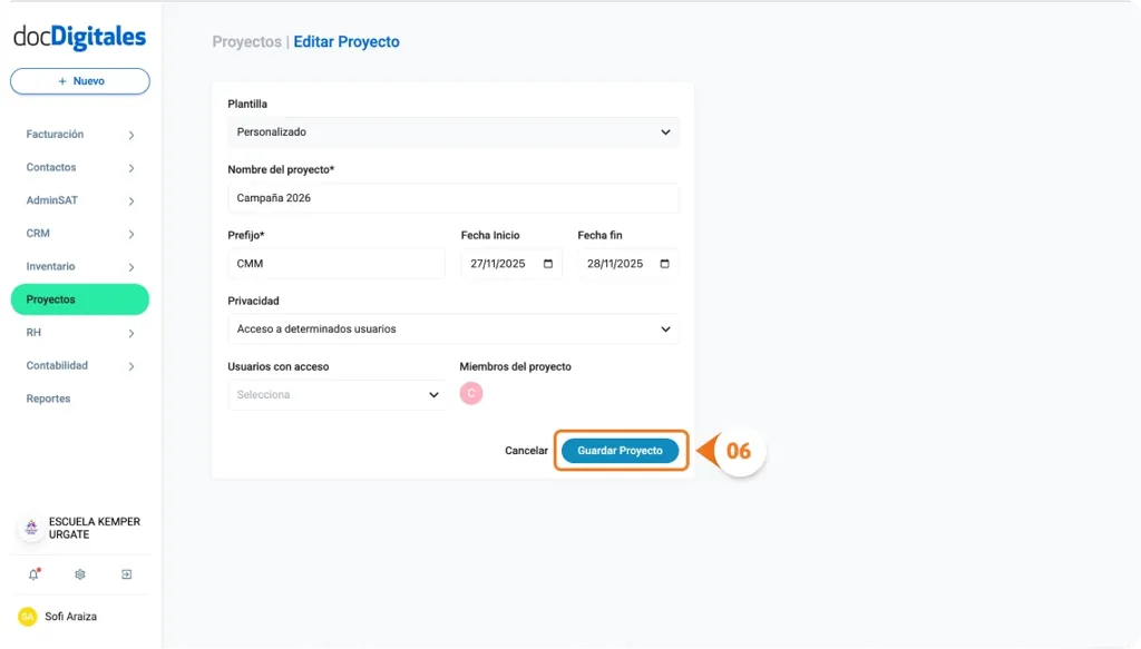 Editar la información de un proyecto dentro de un CRM