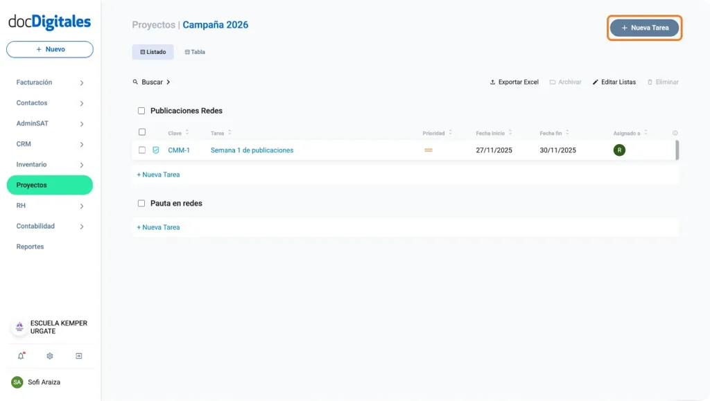 Crear nueva tarea o asignación para un proyecto dentro de un crm
