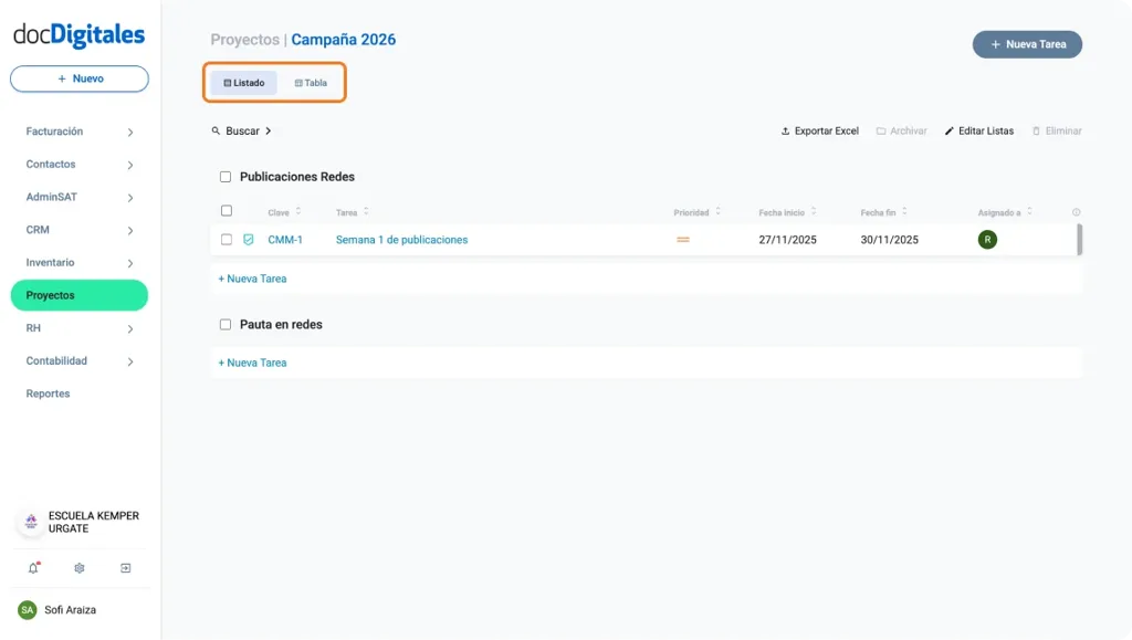 Visualiza todas las tareas del proyecto a manera de lista o de tabla en un CRM