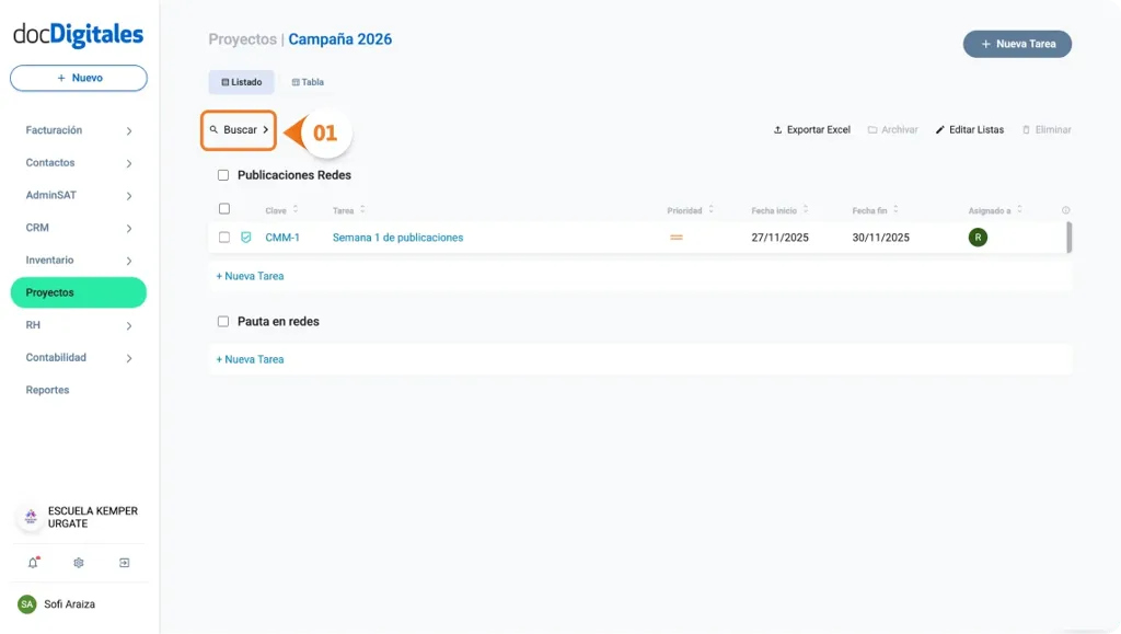 Buscar o filtrar tareas dentro de un proyecto en un CRM