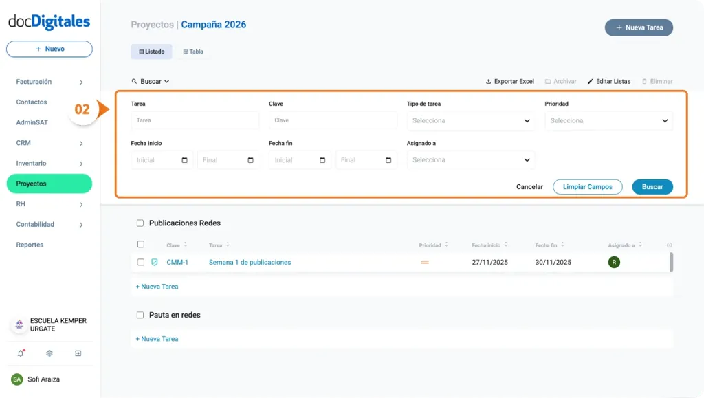 Buscar o filtrar tareas dentro de un proyecto en un CRM