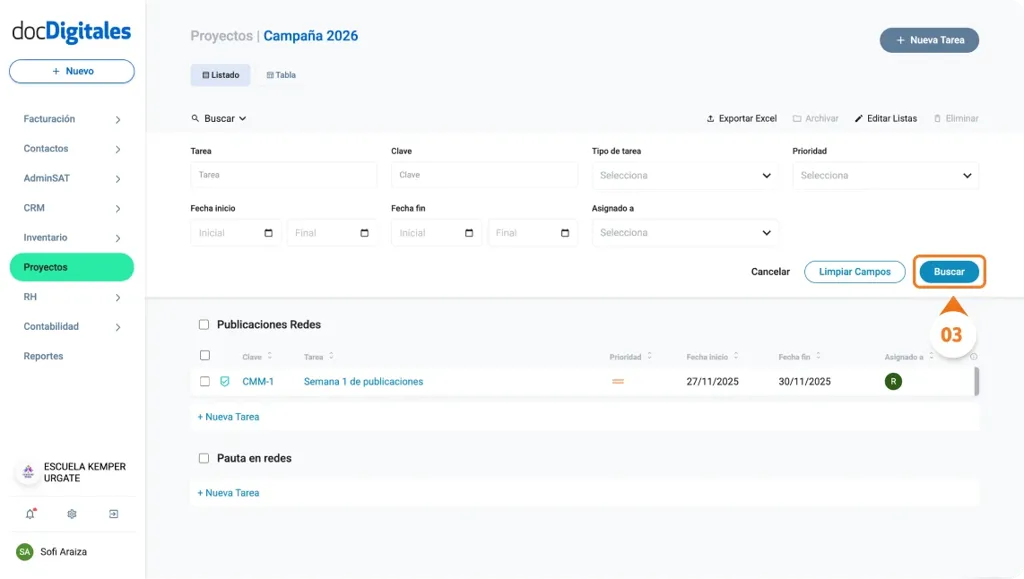 Buscar o filtrar tareas dentro de un proyecto en un CRM