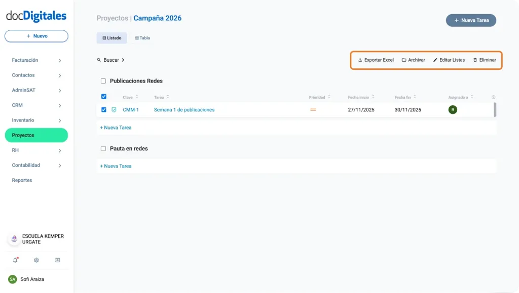 Edita, exporta o elimina un proyecto dentro de un crm empresarial