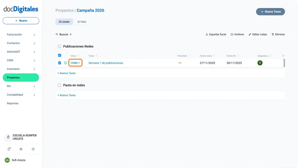 Clave de tarea dentro del listado de tareas de un proyecto en un CRM
