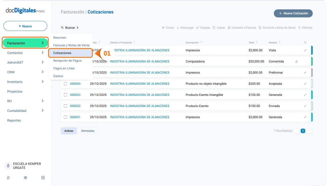 Cotización a Nota de venta o Factura