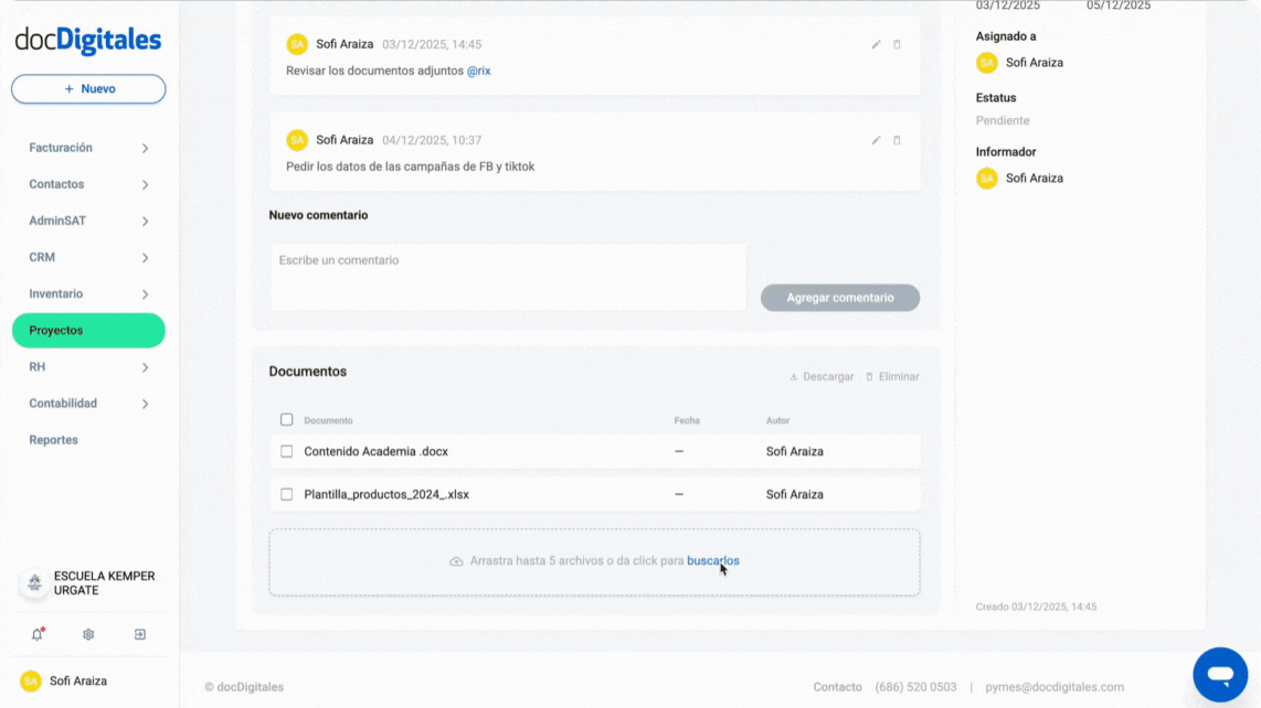 Adjuntar archivos y documentos a una tarea de un proyecto en un CRM 
