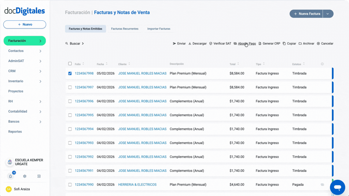 Abonar pago a factura y generar el CRP en un ERP o sistema de gestión integral para Pymes mexicanas