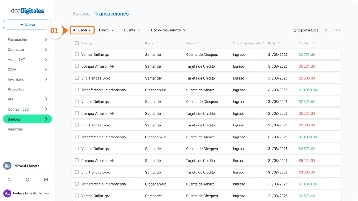 Buscar o filtrar transacciones bancarias específicas en un ERP de gestión empresarial para Pymes mexicanas