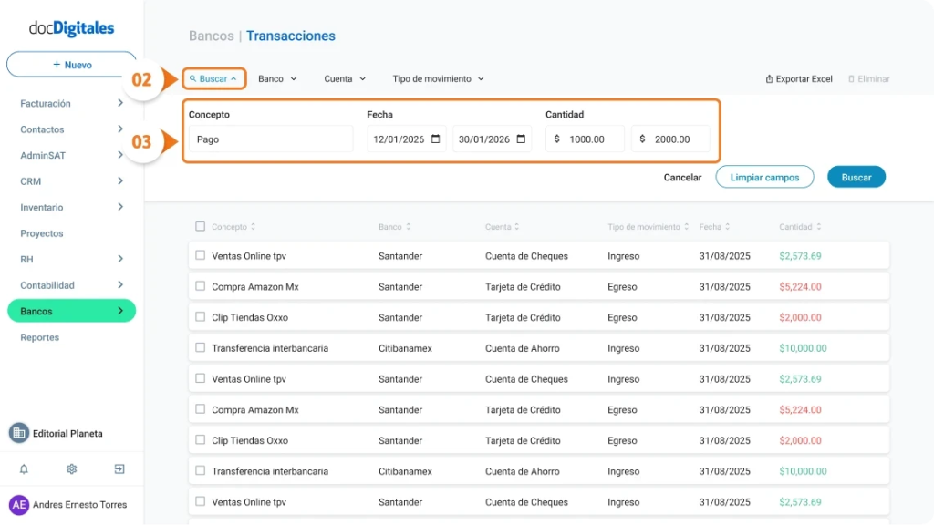 Buscar o filtrar transacciones bancarias específicas en un ERP de gestión empresarial para Pymes mexicanas
