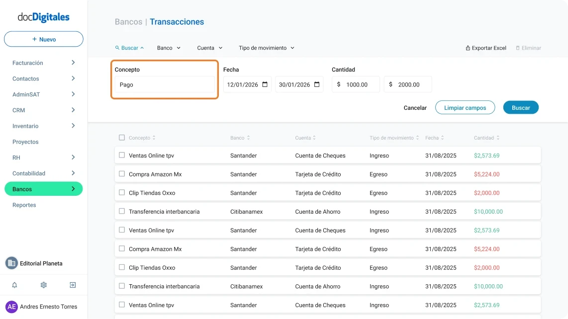 Buscar o filtrar transacciones bancarias específicas en un ERP de gestión empresarial para Pymes mexicanas