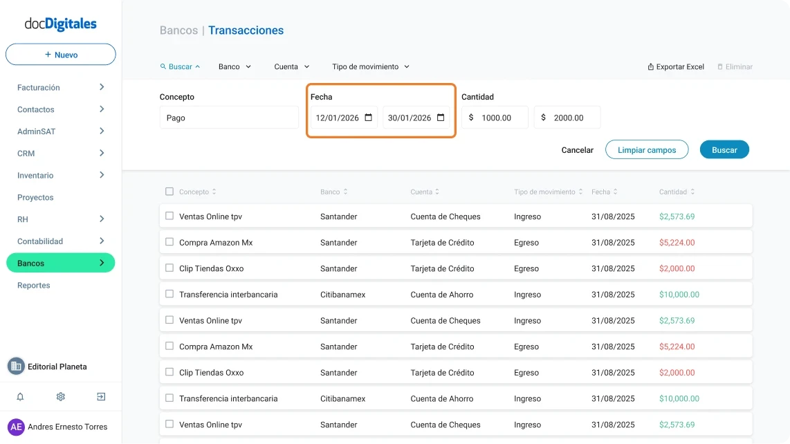 Buscar o filtrar transacciones bancarias específicas en un ERP de gestión empresarial para Pymes mexicanas