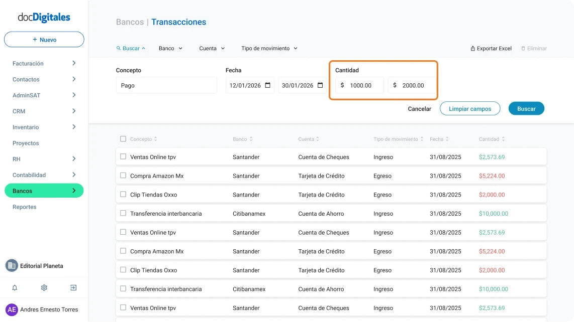 Buscar o filtrar transacciones bancarias específicas en un ERP de gestión empresarial para Pymes mexicanas