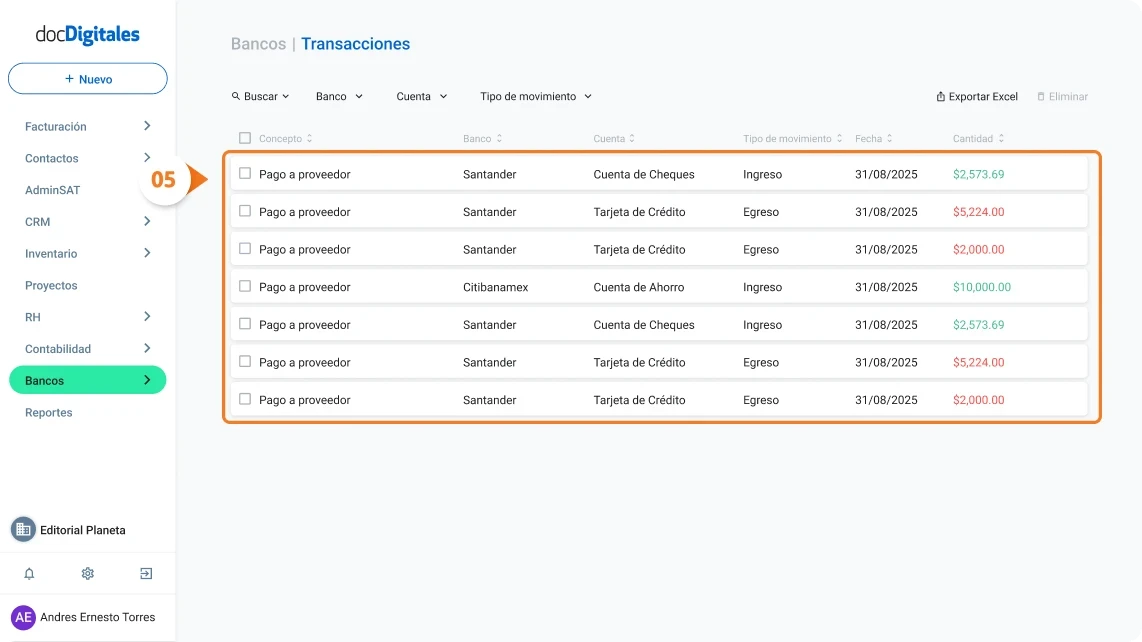 Buscar o filtrar transacciones bancarias específicas en un ERP de gestión empresarial para Pymes mexicanas
