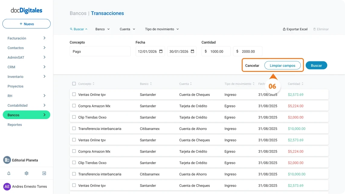 Buscar o filtrar transacciones bancarias específicas en un ERP de gestión empresarial para Pymes mexicanas